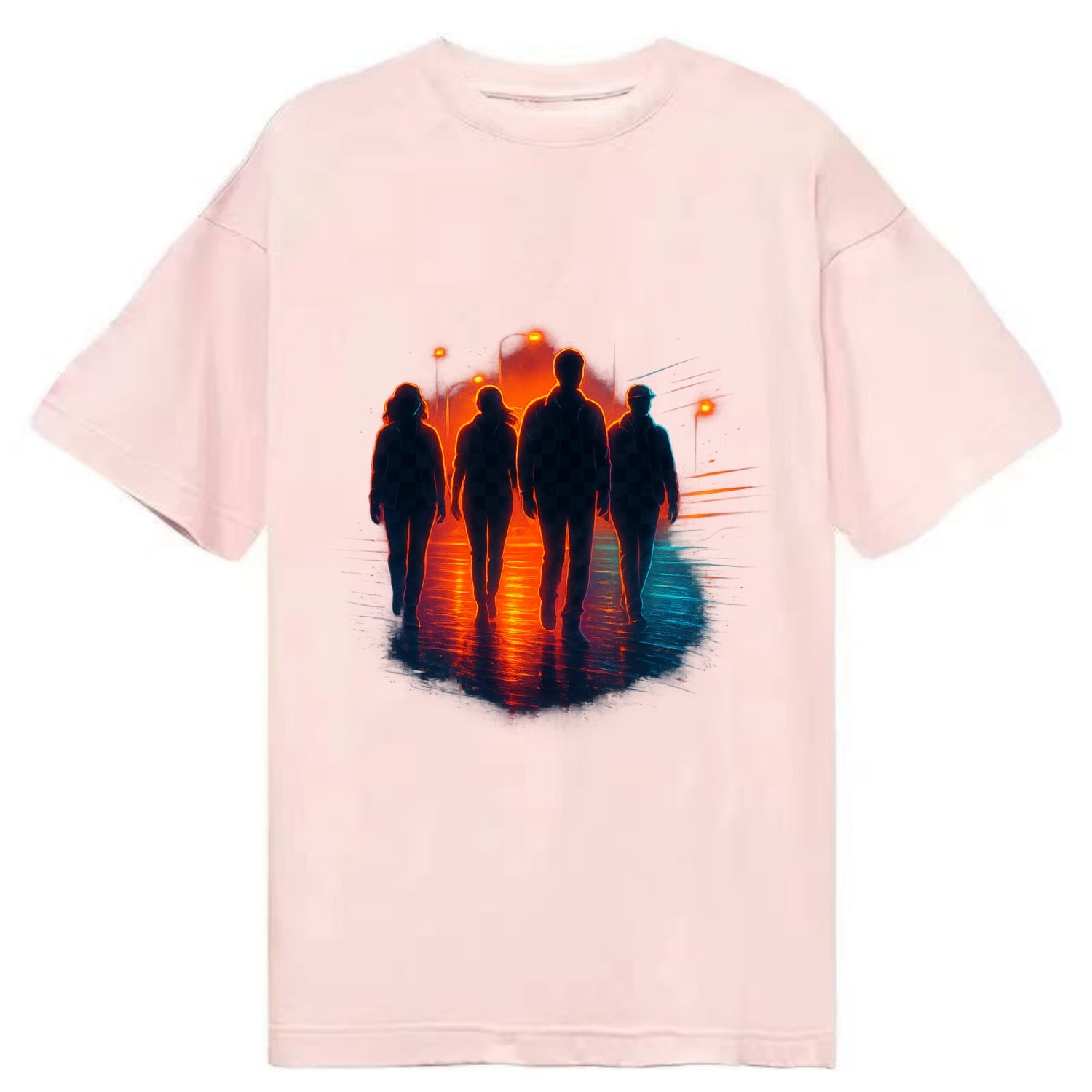 gang of silhouettes walking together at sunset by the beach - Classic T-shirt - Pink
