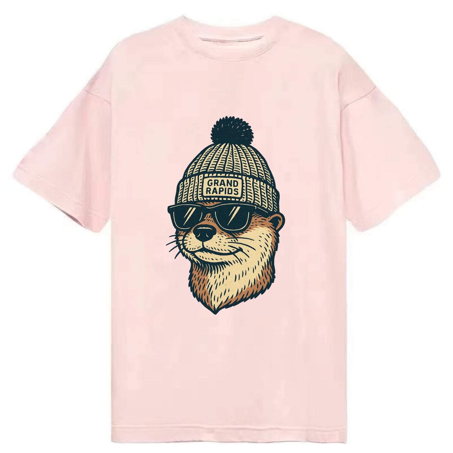 Grand Rapids River Otter wearing Grand Rapids beanie with pom pom and wayfarer - Classic T-shirt - Pink