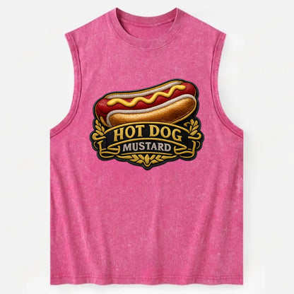 HOT DOG MUSTARD - classic hot dog in tan yellow red , ballpark food - Vintage Washed Tank - Pink