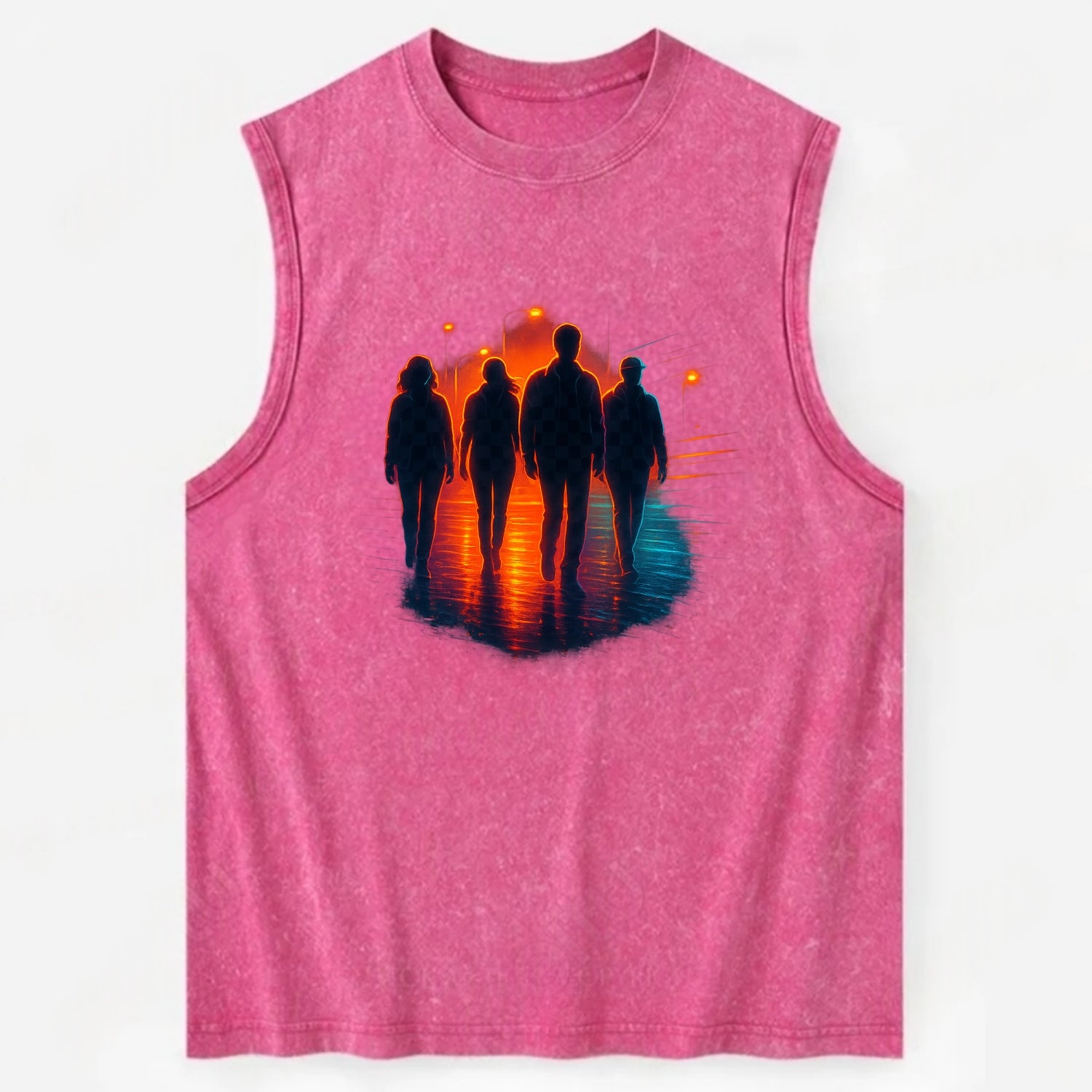 gang of silhouettes walking together at sunset by the beach - Vintage Washed Tank - Pink
