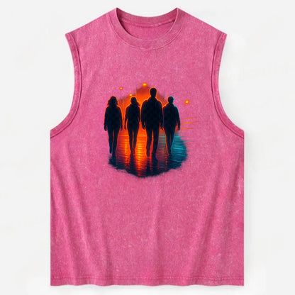 gang of silhouettes walking together at sunset by the beach - Vintage Washed Tank - Pink