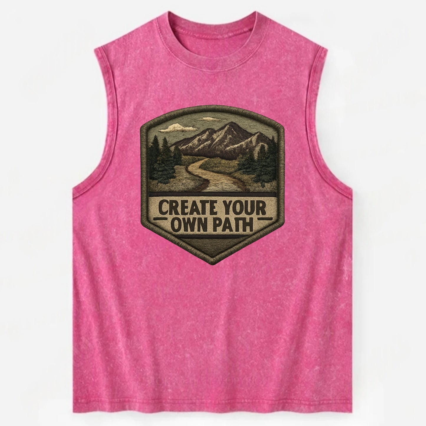 CREATE YOUR OWN PATH - trail with text in brown , independence - Vintage Washed Tank - Pink