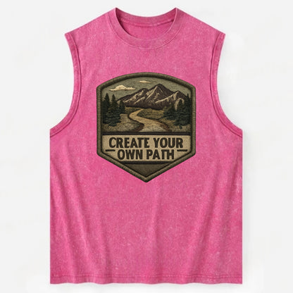 CREATE YOUR OWN PATH - trail with text in brown , independence - Vintage Washed Tank - Pink