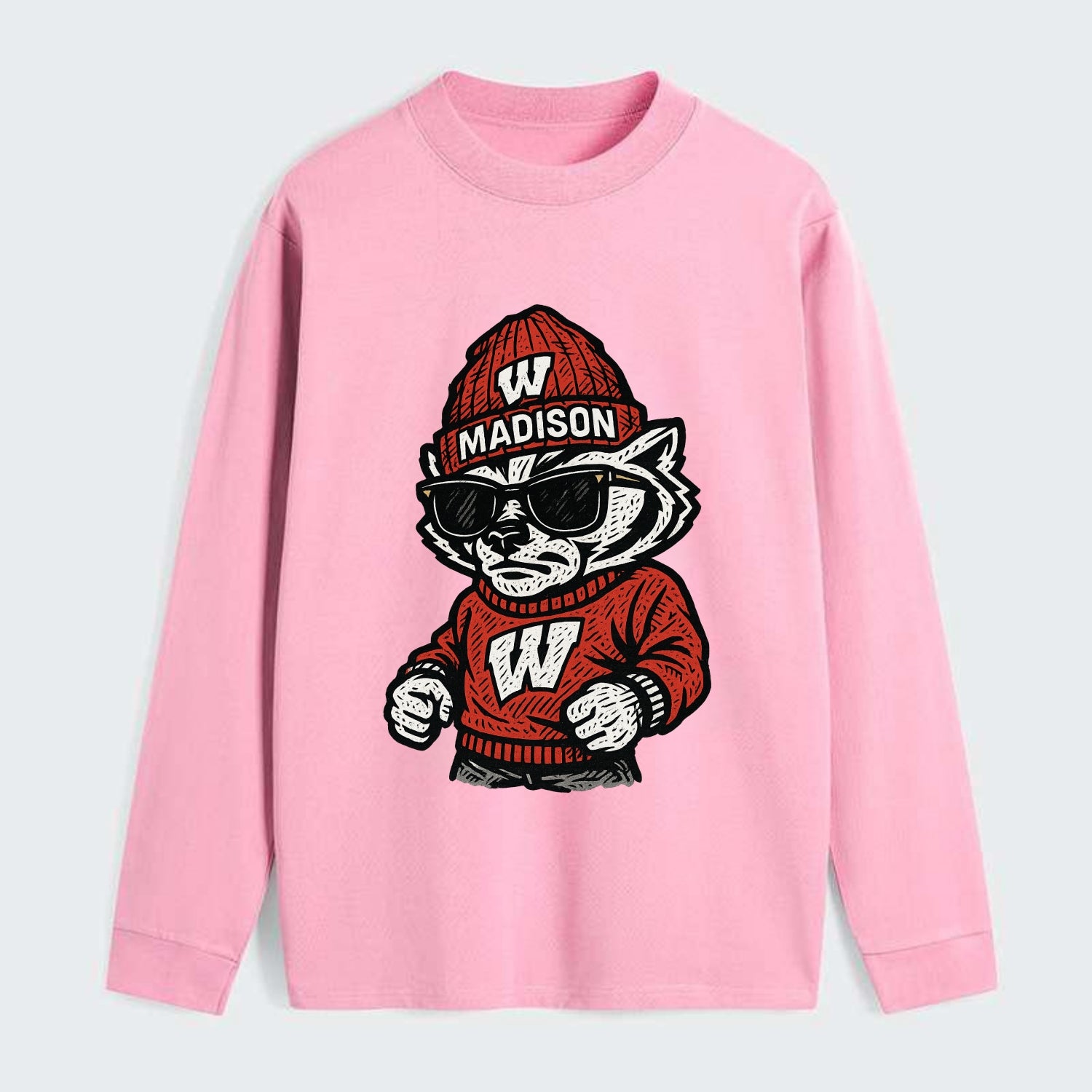 Madison Badger wearing Wisconsin beanie with motion W patch - Classic Long Sleeve Shirt - Pink