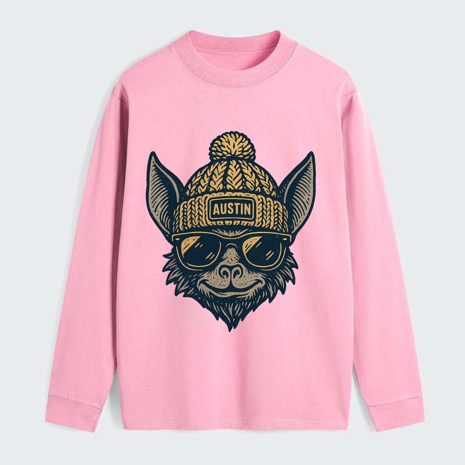 Austin Bat wearing Austin beanie with pom pom and wayfarer sunglasses - Classic Long Sleeve Shirt - Pink