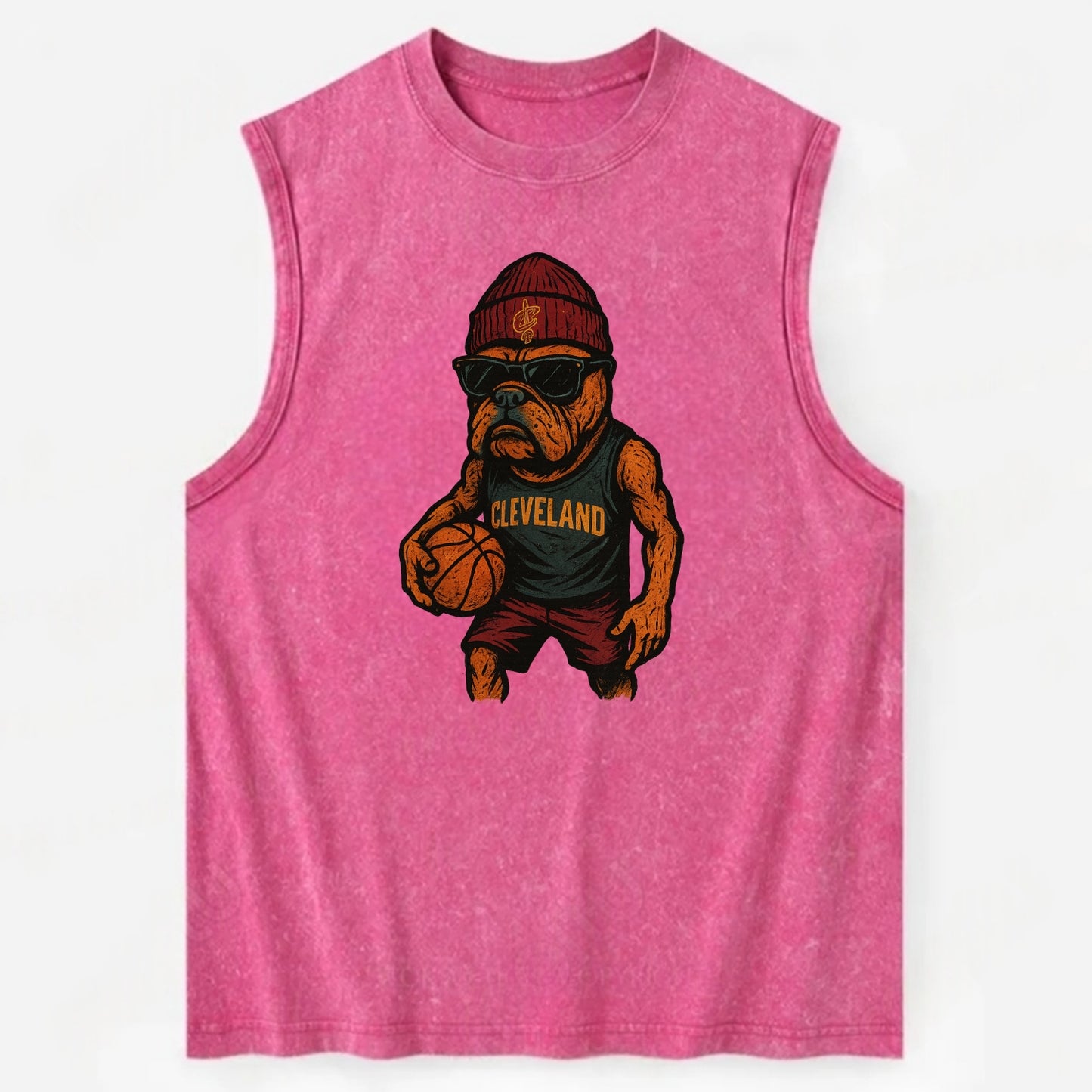 Cleveland Bulldog wearing Cavaliers wine and gold beanie with sword patch and - Vintage Washed Tank - Pink