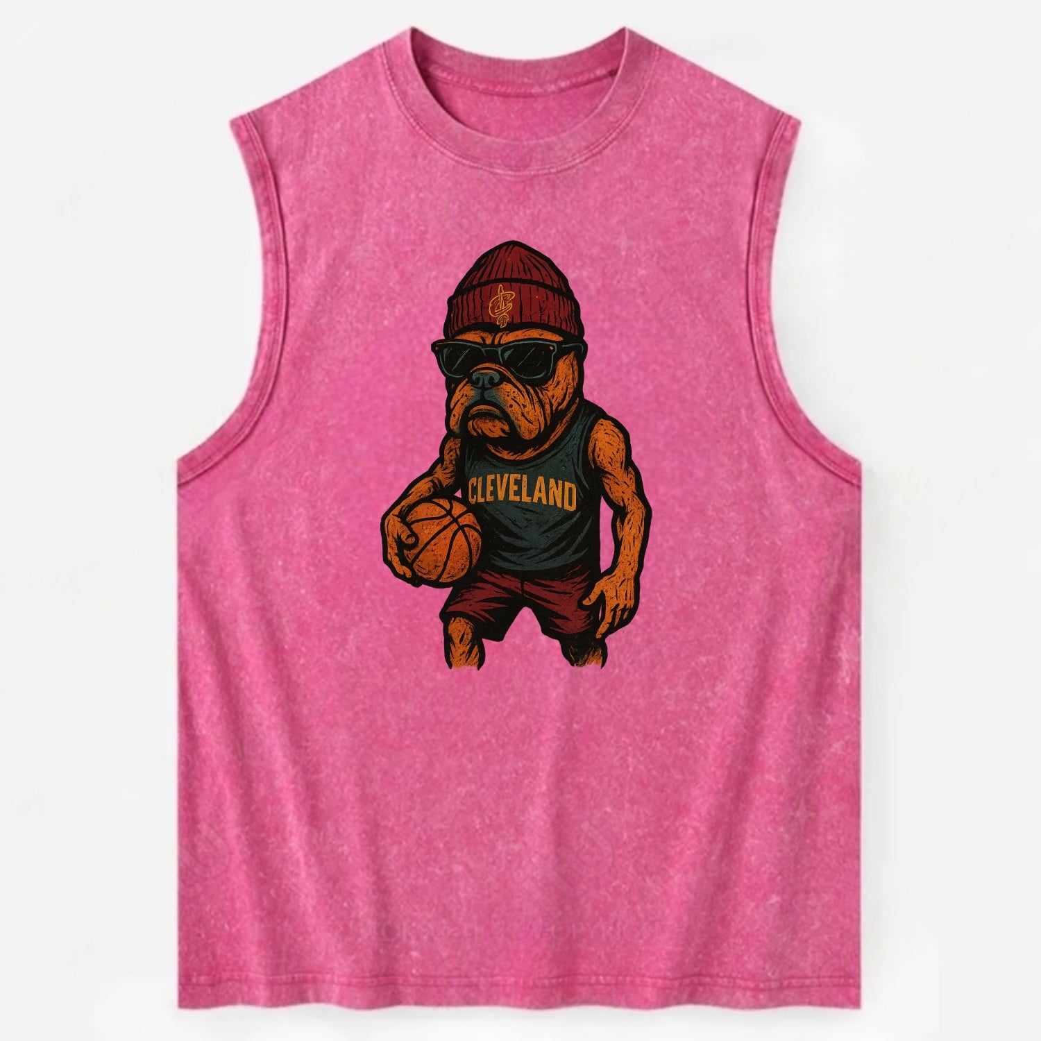 Cleveland Bulldog wearing Cavaliers wine and gold beanie with sword patch and - Vintage Washed Tank - Pink