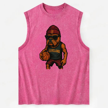 Cleveland Bulldog wearing Cavaliers wine and gold beanie with sword patch and - Vintage Washed Tank - Pink