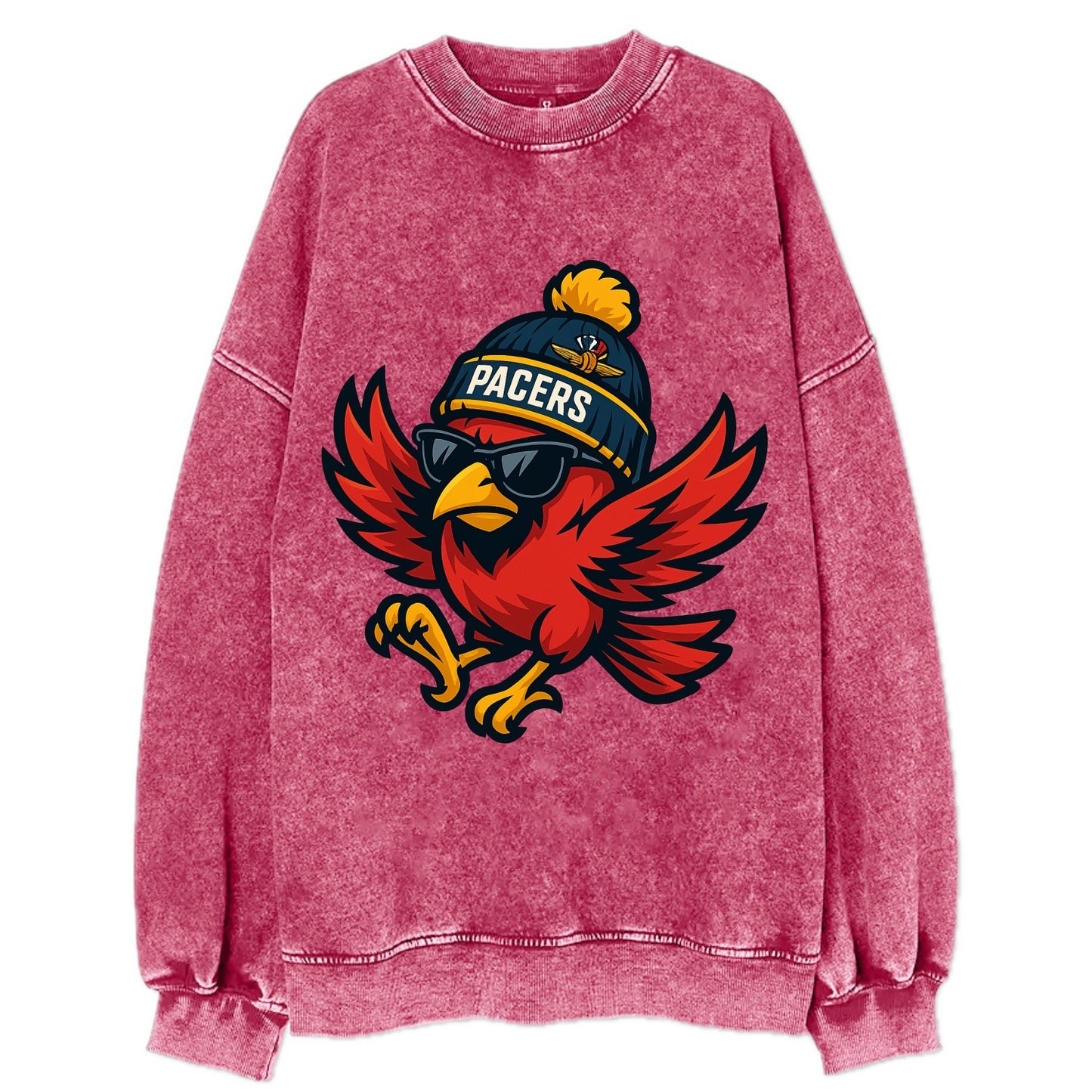 Indiana Cardinal wearing Pacers beanie with speedway patch and wayfarer - Vintage Sweatshirt - Pink
