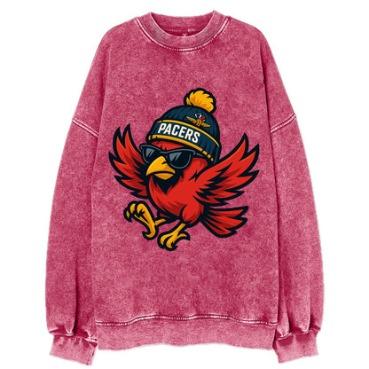 Indiana Cardinal wearing Pacers beanie with speedway patch and wayfarer - Vintage Sweatshirt - Pink