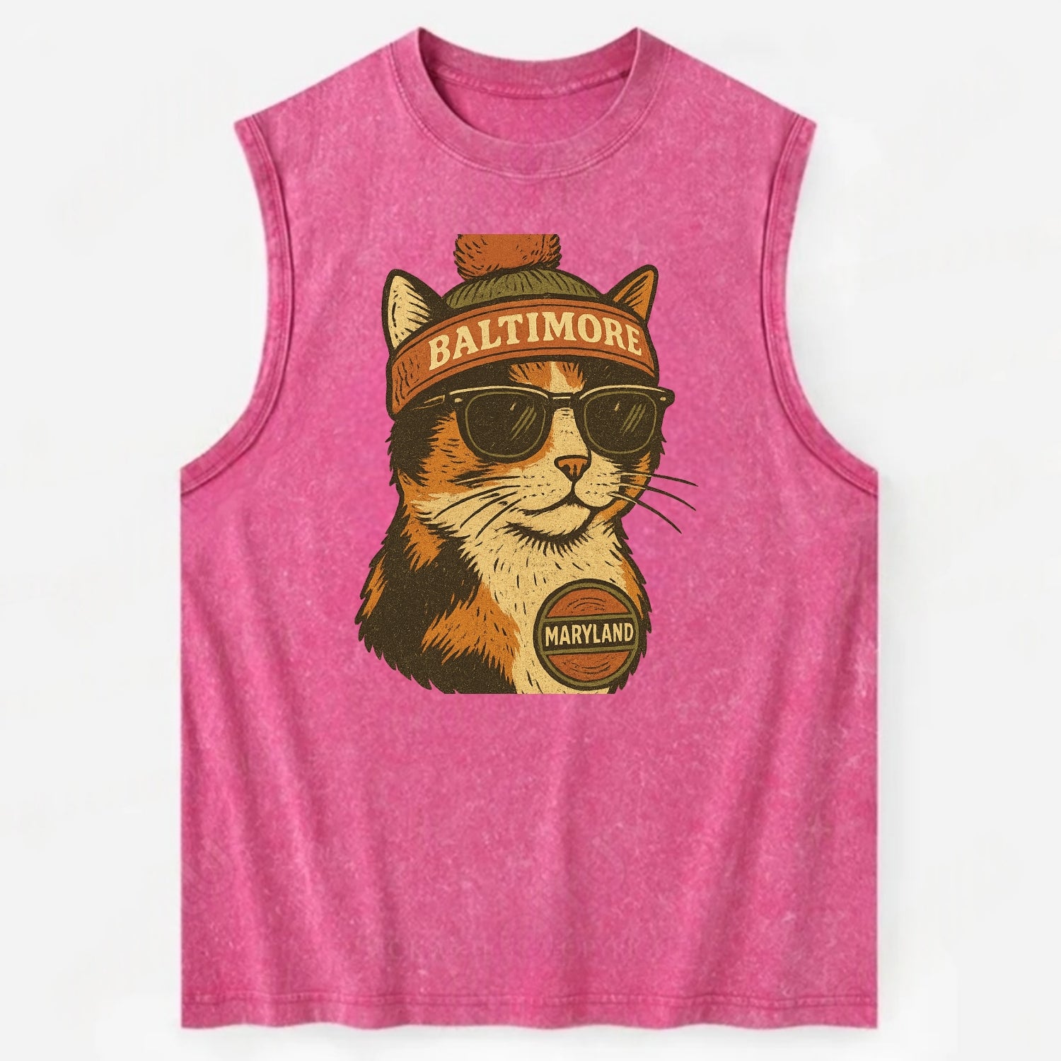 Maryland Calico Cat wearing Baltimore beanie with pom pom and wayfarer - Vintage Washed Tank - Pink