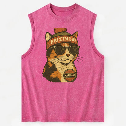 Maryland Calico Cat wearing Baltimore beanie with pom pom and wayfarer - Vintage Washed Tank - Pink