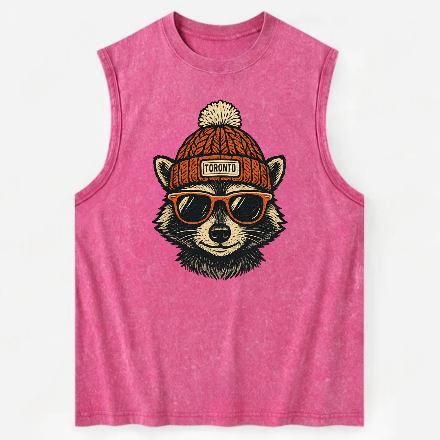 Toronto Raccoon wearing Toronto beanie with pom pom and wayfarer sunglasses - Vintage Washed Tank - Pink