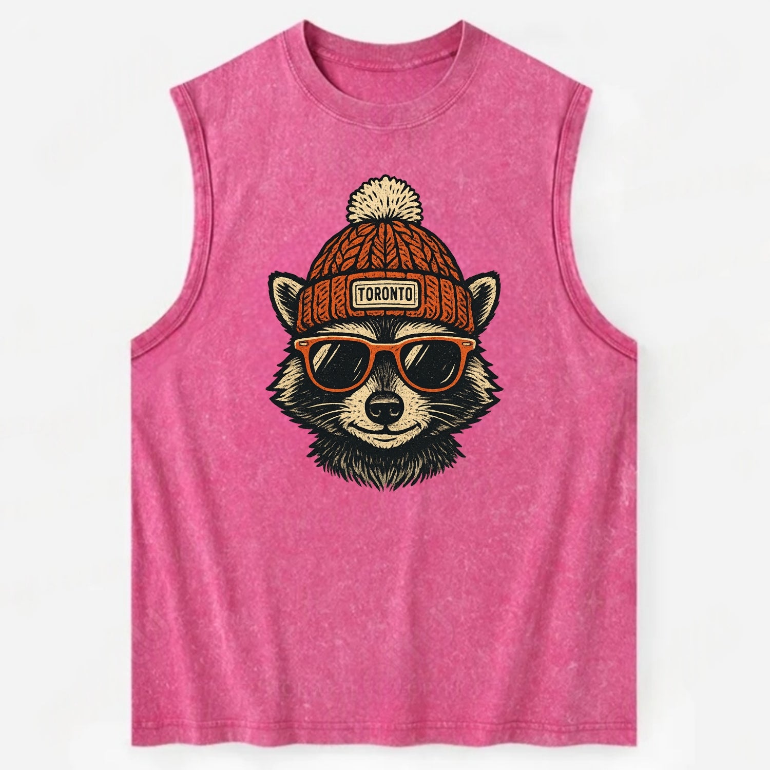 Toronto Raccoon wearing Toronto beanie with pom pom and wayfarer sunglasses - Vintage Washed Tank - Pink