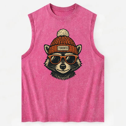 Toronto Raccoon wearing Toronto beanie with pom pom and wayfarer sunglasses - Vintage Washed Tank - Pink