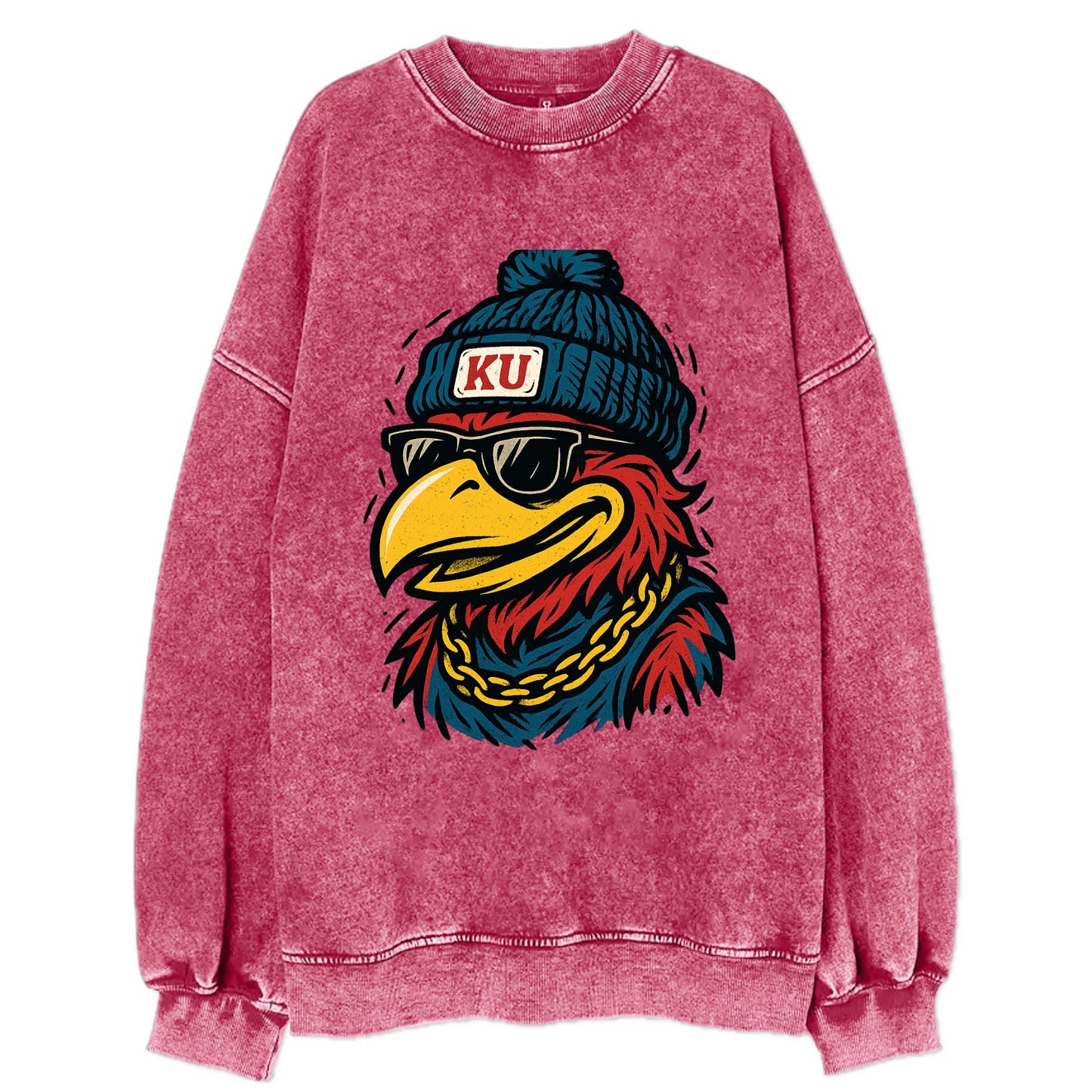 Lawrence Jayhawk wearing Kansas beanie with KU patch - Vintage Sweatshirt - Pink