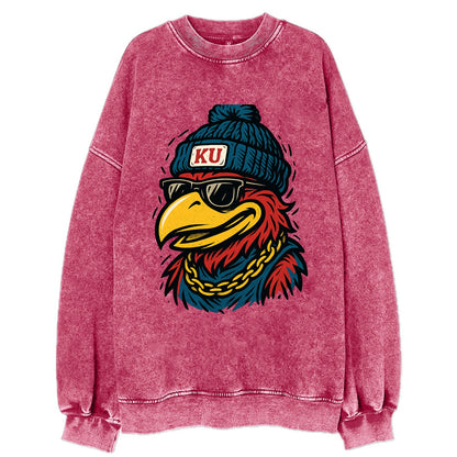 Lawrence Jayhawk wearing Kansas beanie with KU patch - Vintage Sweatshirt - Pink
