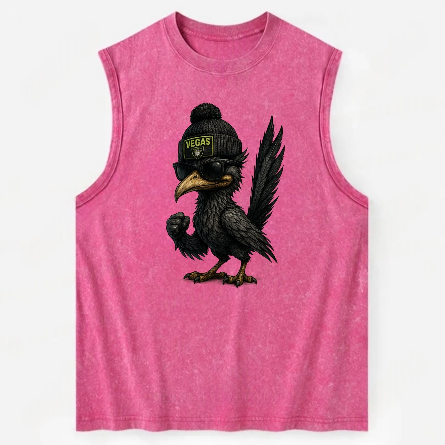 Vegas Roadrunner wearing Raiders beanie with neon patch and wayfarer - Vintage Washed Tank - Pink