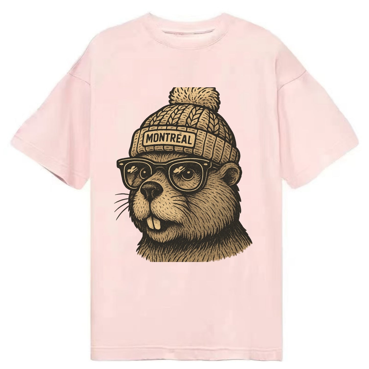 Montreal Beaver wearing Montreal beanie with pom pom and wayfarer sunglasses - Classic T-shirt - Pink