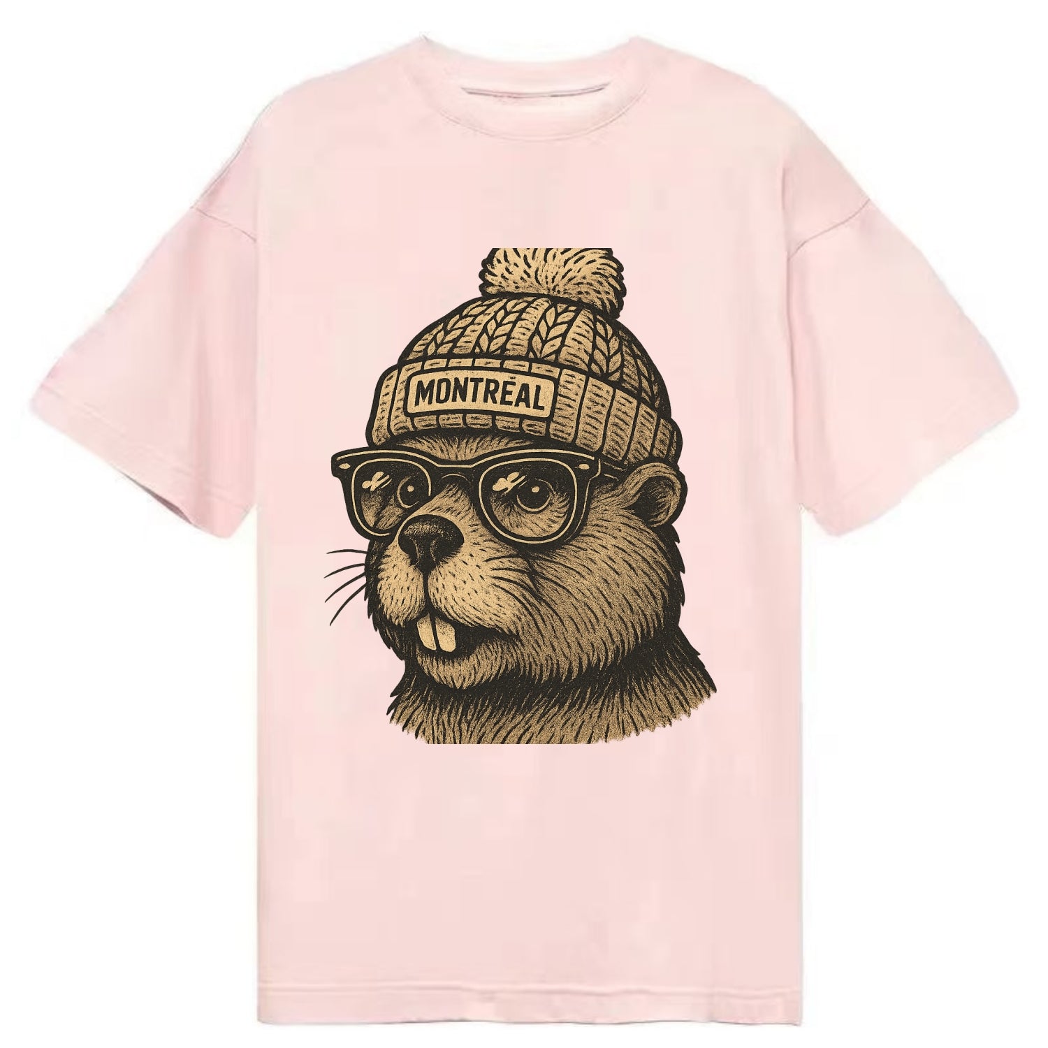 Montreal Beaver wearing Montreal beanie with pom pom and wayfarer sunglasses - Classic T-shirt - Pink