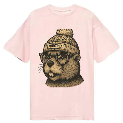 Montreal Beaver wearing Montreal beanie with pom pom and wayfarer sunglasses - Classic T-shirt - Pink