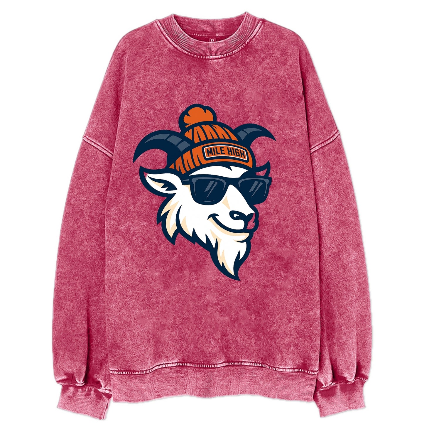 Denver Mountain Goat wearing Broncos beanie with Mile High patch and wayfarer - Vintage Sweatshirt - Pink