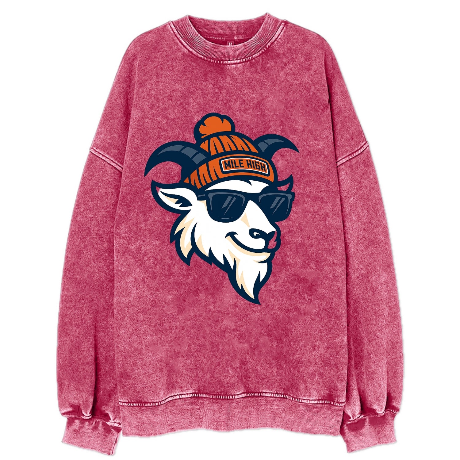 Denver Mountain Goat wearing Broncos beanie with Mile High patch and wayfarer - Vintage Sweatshirt - Pink