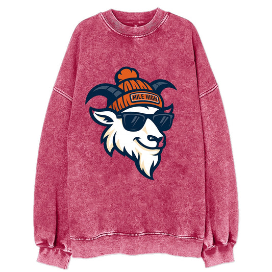 Denver Mountain Goat wearing Broncos beanie with Mile High patch and wayfarer - Vintage Sweatshirt - Pink