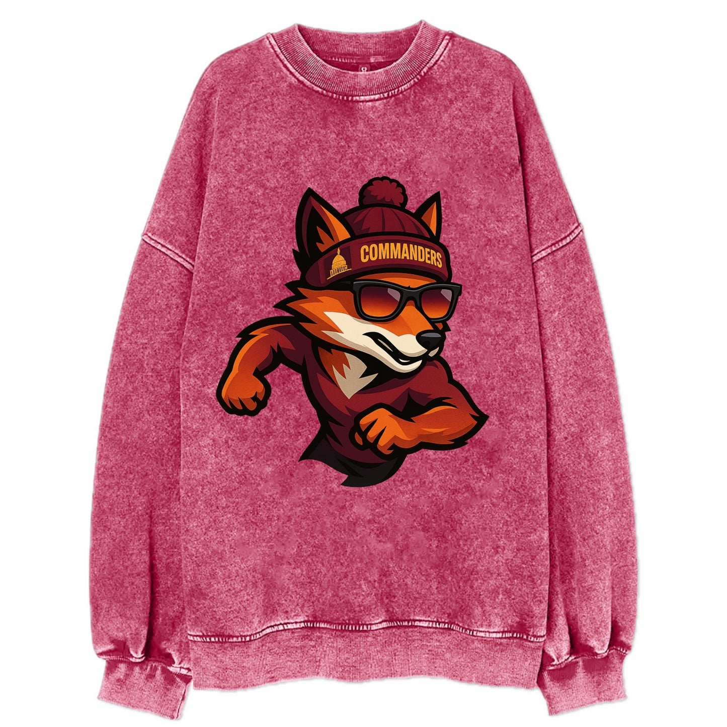 Washington Fox wearing Commanders beanie with Capitol patch and wayfarer - Vintage Sweatshirt - Pink