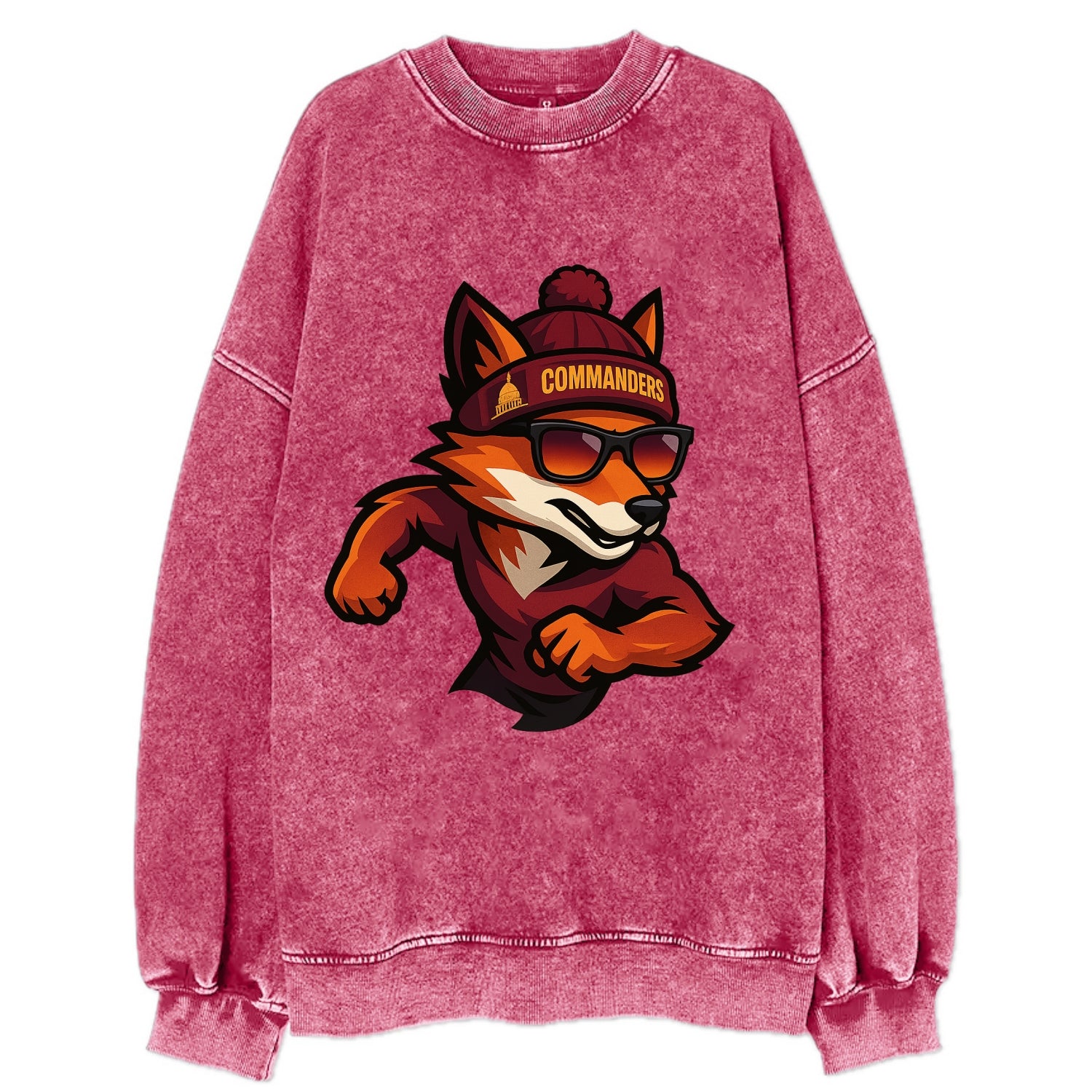 Washington Fox wearing Commanders beanie with Capitol patch and wayfarer - Vintage Sweatshirt - Pink