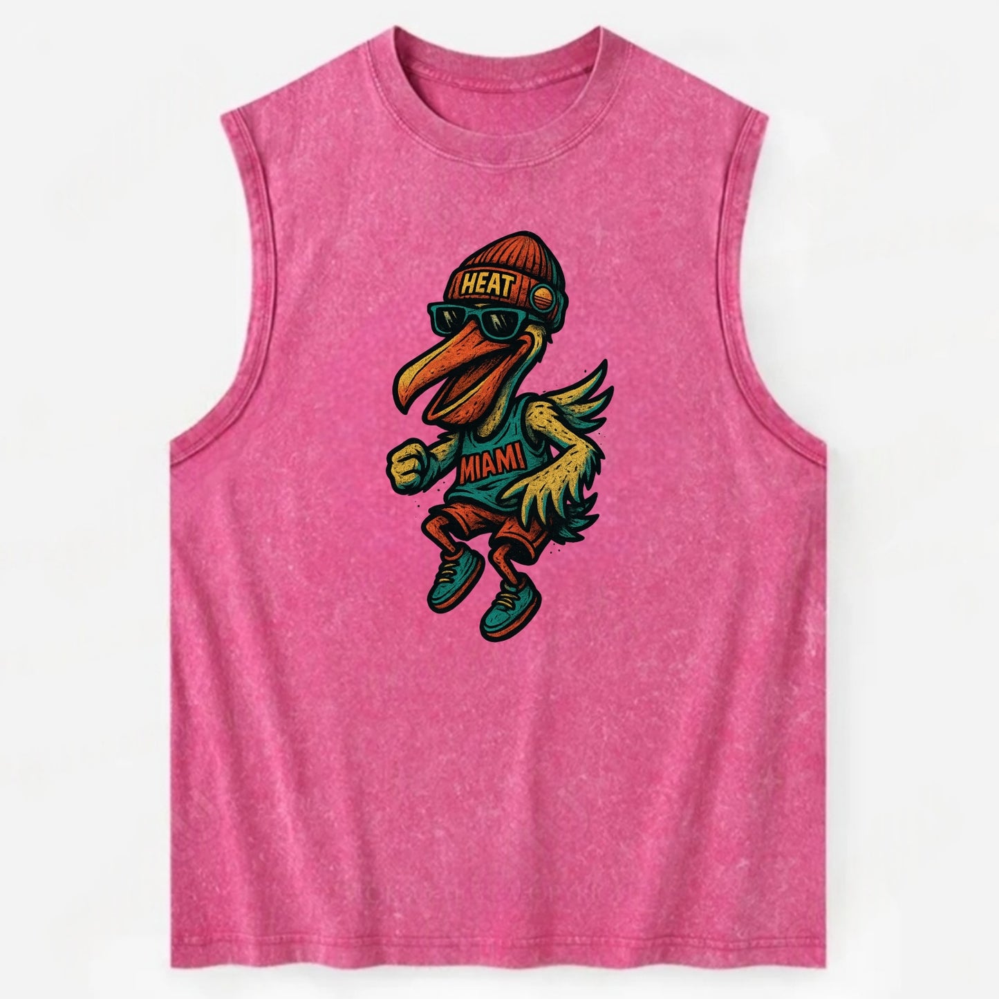 Miami Pelican wearing Heat beanie with sunset patch and wayfarer sunglasses - Vintage Washed Tank - Pink