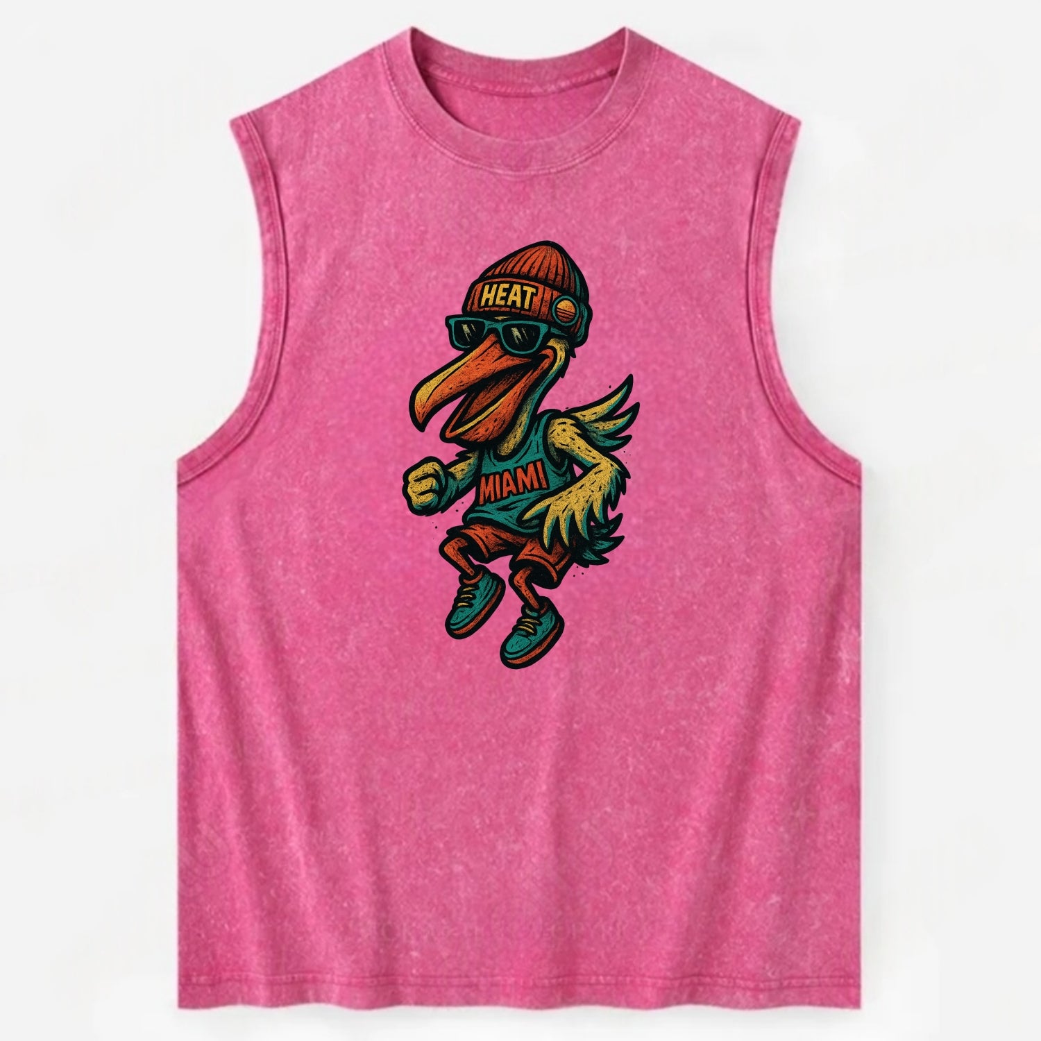 Miami Pelican wearing Heat beanie with sunset patch and wayfarer sunglasses - Vintage Washed Tank - Pink