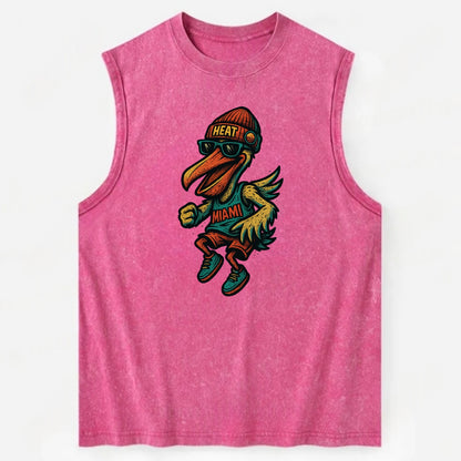 Miami Pelican wearing Heat beanie with sunset patch and wayfarer sunglasses - Vintage Washed Tank - Pink
