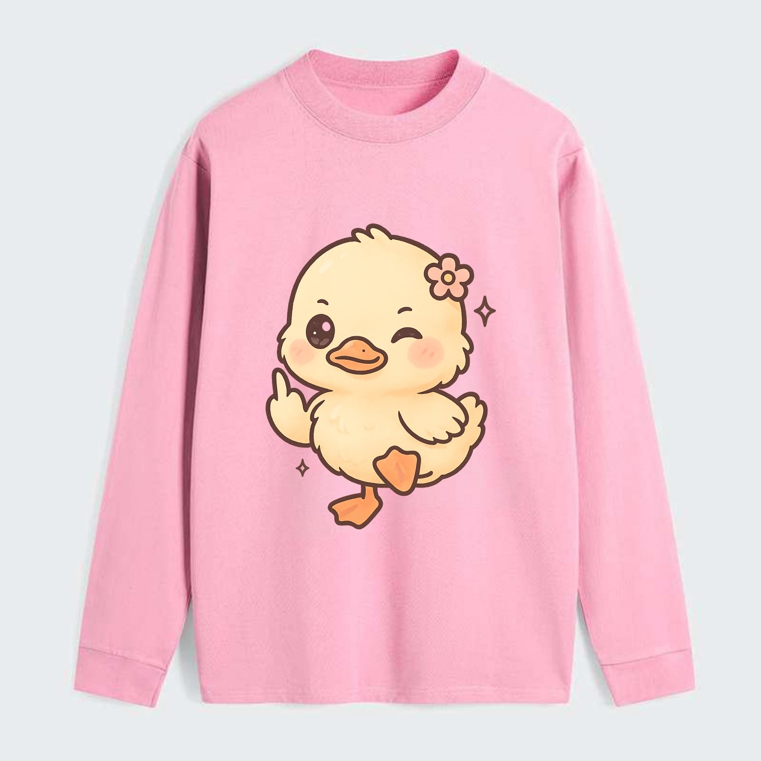 fluffy baby duck with small flower, one webbed foot raised sassily - Classic Long Sleeve Shirt - Pink