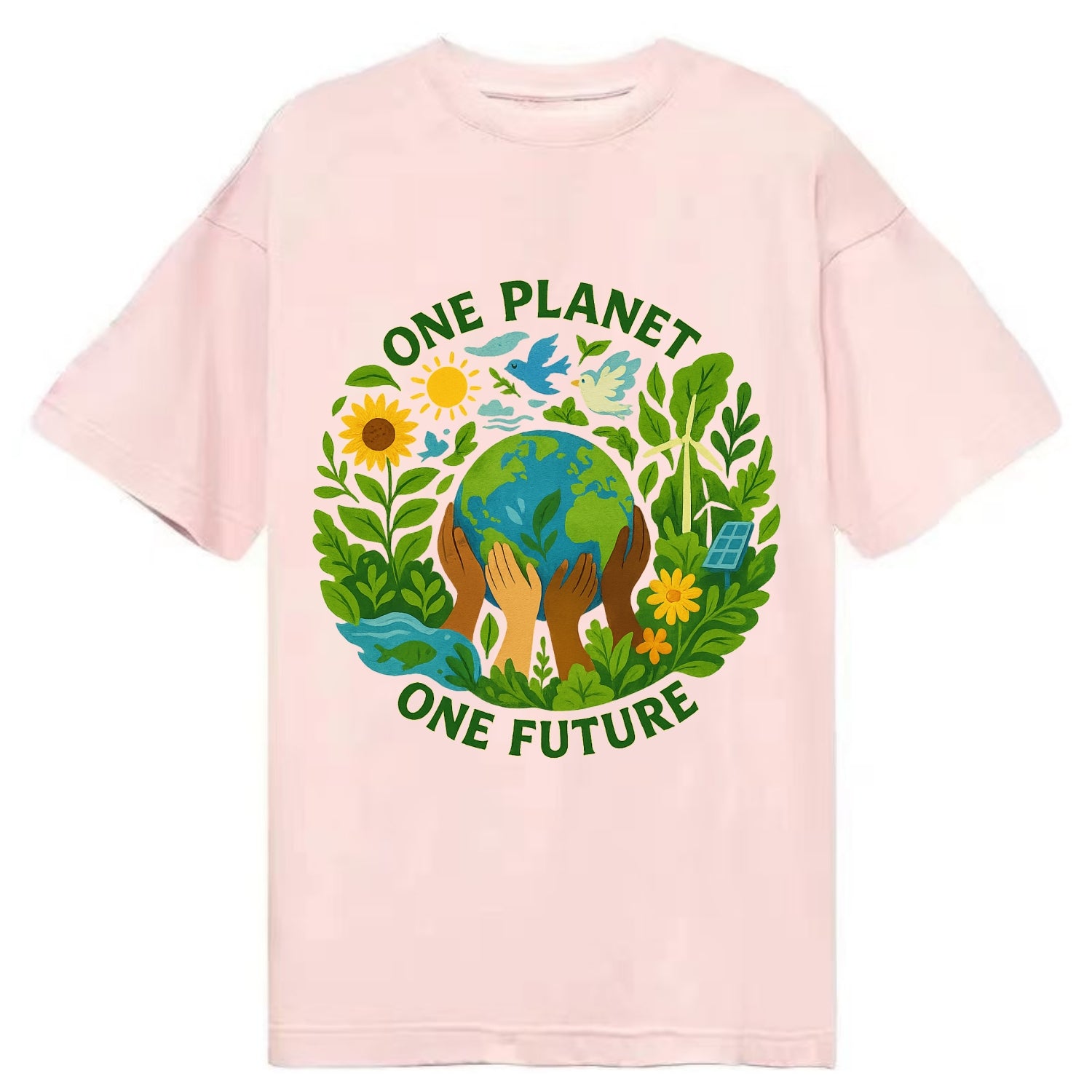 Globe surrounded by hands of all colors working together - "One Planet, One - Classic T-shirt - Pink