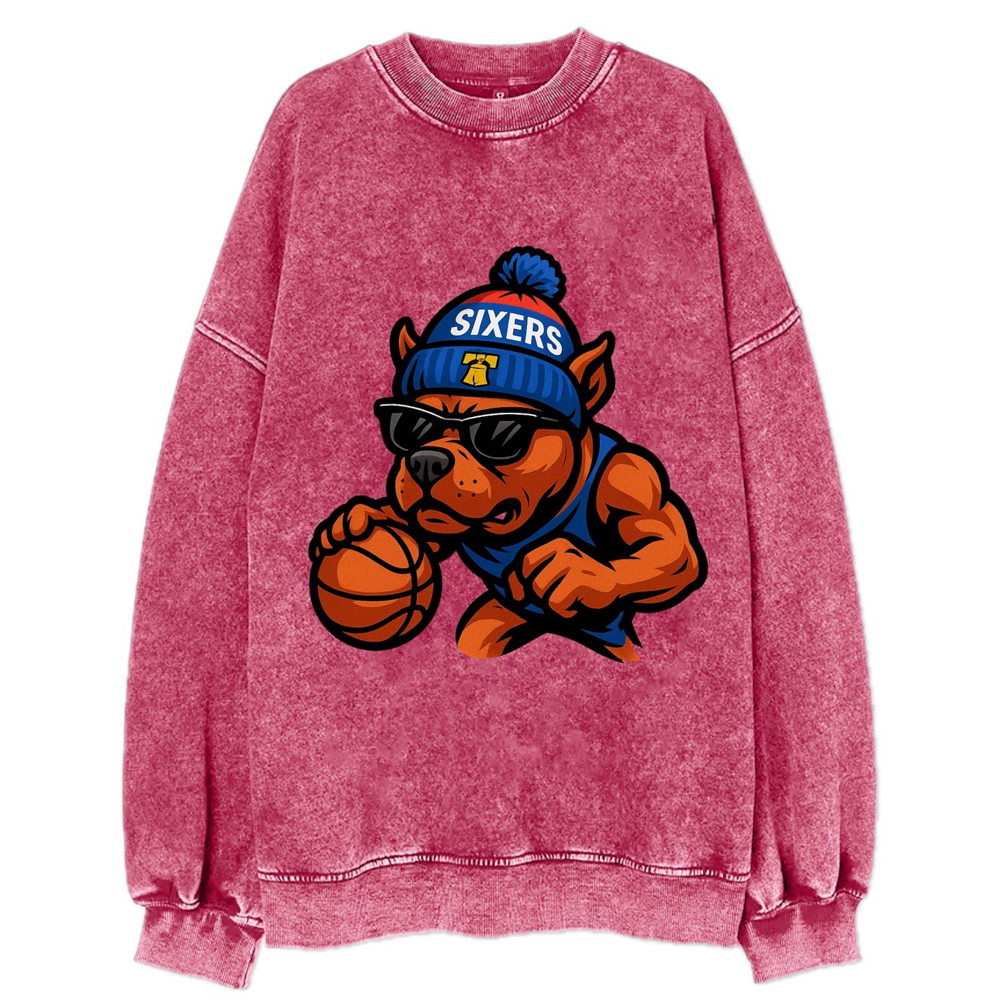 Philly Pitbull wearing Sixers beanie with Liberty Bell and wayfarer sunglasses - Vintage Sweatshirt - Pink