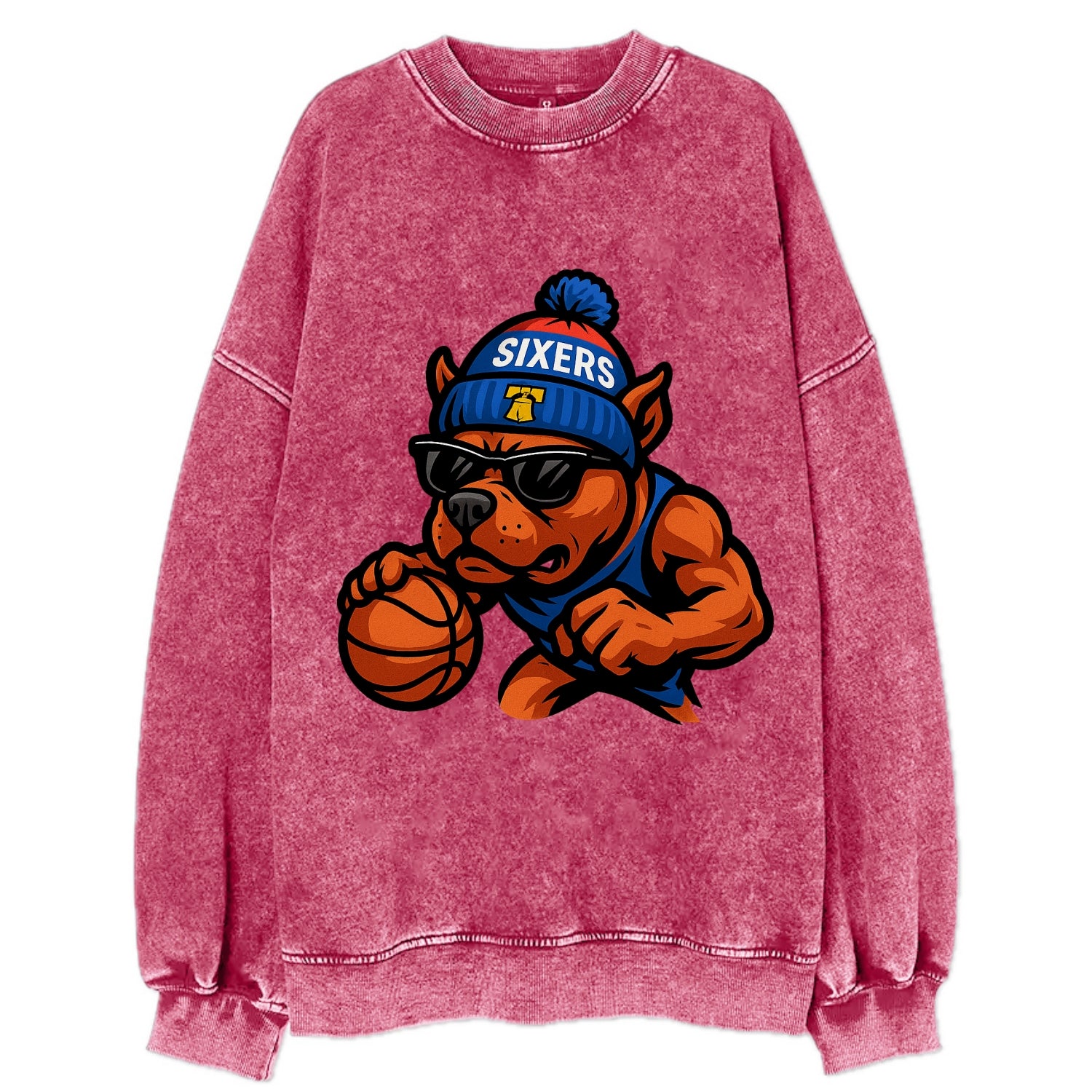 Philly Pitbull wearing Sixers beanie with Liberty Bell and wayfarer sunglasses - Vintage Sweatshirt - Pink