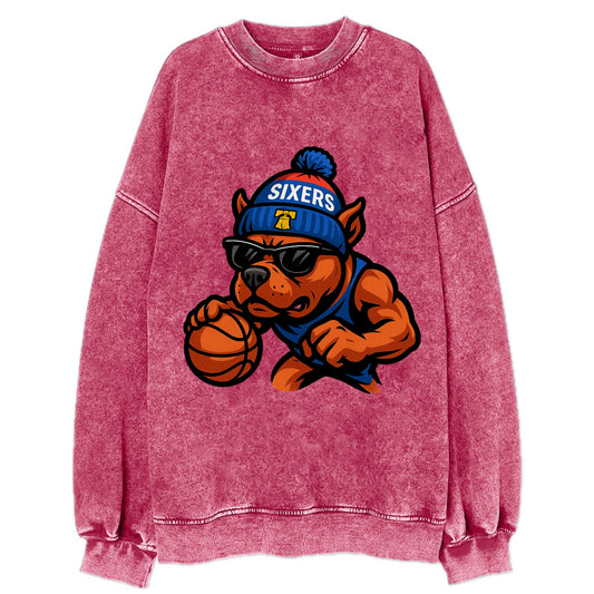 Philly Pitbull wearing Sixers beanie with Liberty Bell and wayfarer sunglasses - Vintage Sweatshirt - Pink