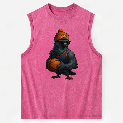 Manhattan Pigeon wearing Knicks beanie with skyline patch and wayfarer - Vintage Washed Tank - Pink