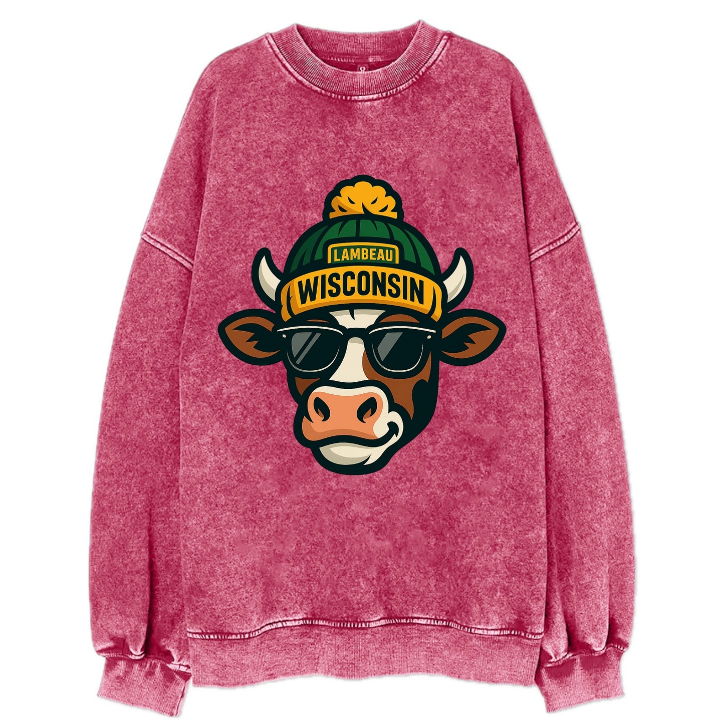 Wisconsin Cow wearing Packers beanie with Lambeau patch and wayfarer sunglasses - Vintage Sweatshirt - Pink