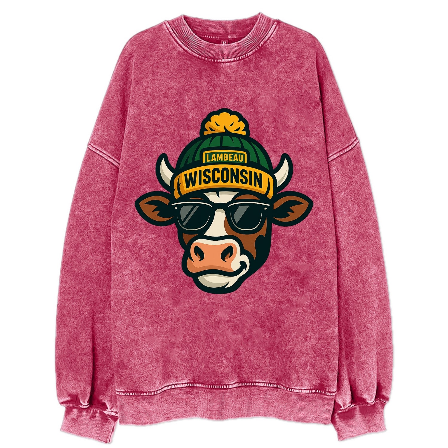 Wisconsin Cow wearing Packers beanie with Lambeau patch and wayfarer sunglasses - Vintage Sweatshirt - Pink