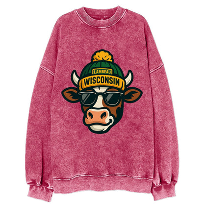 Wisconsin Cow wearing Packers beanie with Lambeau patch and wayfarer sunglasses - Vintage Sweatshirt - Pink