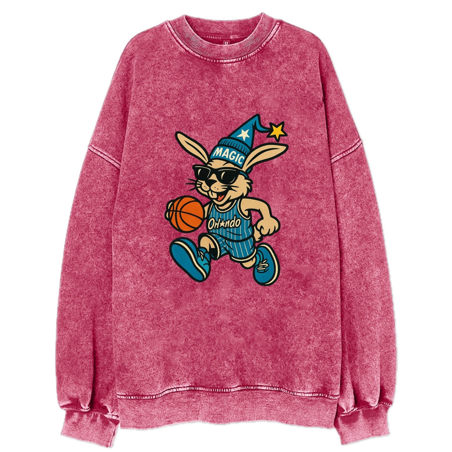 Orlando Rabbit wearing Magic blue and silver beanie with wizard hat and - Vintage Sweatshirt - Pink