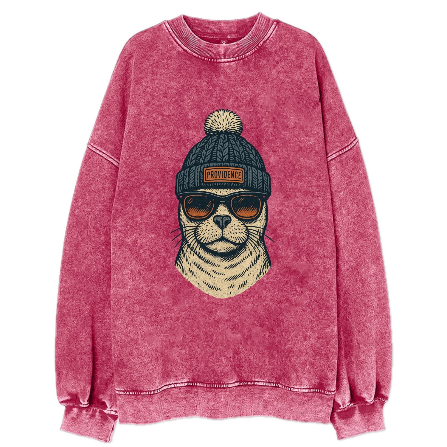 Rhode Island Harbor Seal wearing Providence beanie with pom pom and wayfarer - Vintage Sweatshirt - Pink