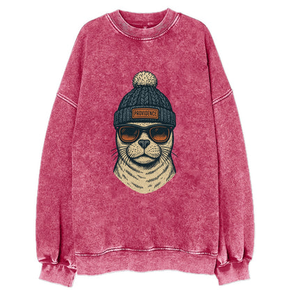 Rhode Island Harbor Seal wearing Providence beanie with pom pom and wayfarer - Vintage Sweatshirt - Pink