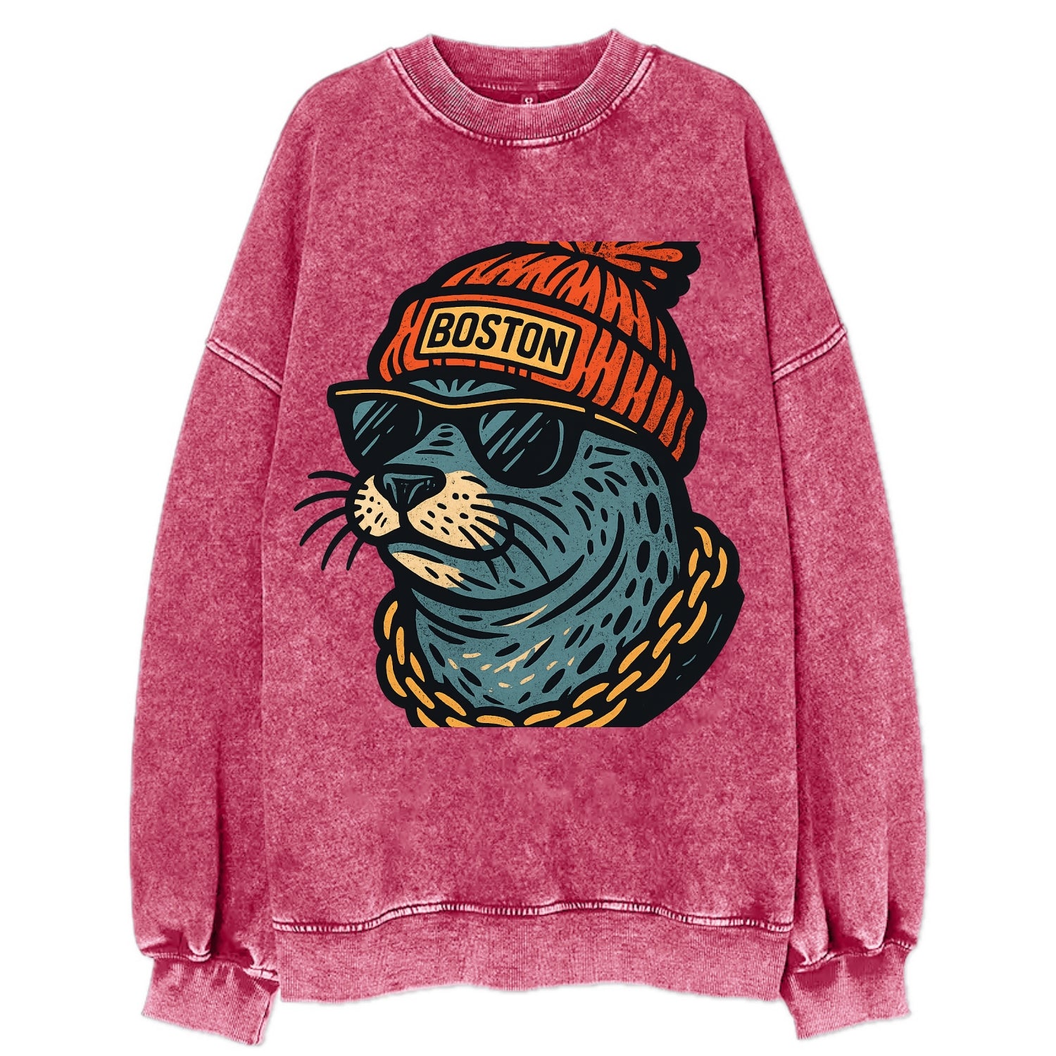 Boston Harbor Seal wearing Boston beanie with pom pom and wayfarer sunglasses - Vintage Sweatshirt - Pink