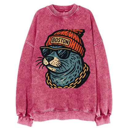 Boston Harbor Seal wearing Boston beanie with pom pom and wayfarer sunglasses - Vintage Sweatshirt - Pink