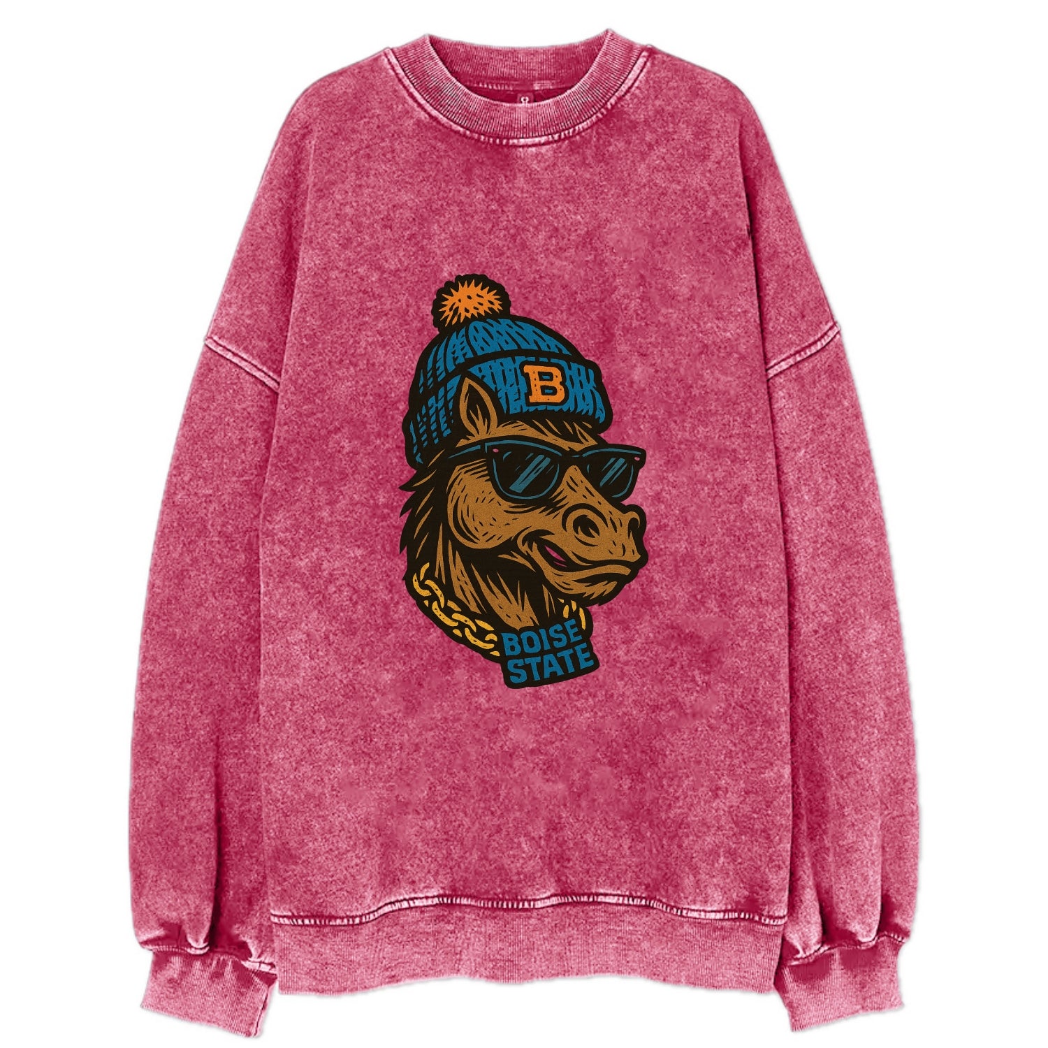Boise Bronco wearing Boise State beanie with B patch - Vintage Sweatshirt - Pink