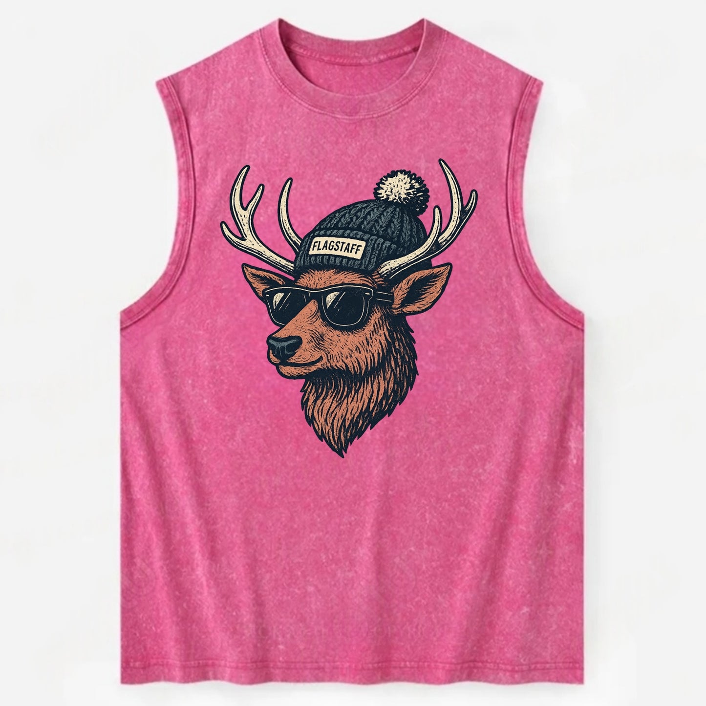 Flagstaff Elk wearing Flagstaff beanie with pom pom and wayfarer sunglasses - Vintage Washed Tank - Pink