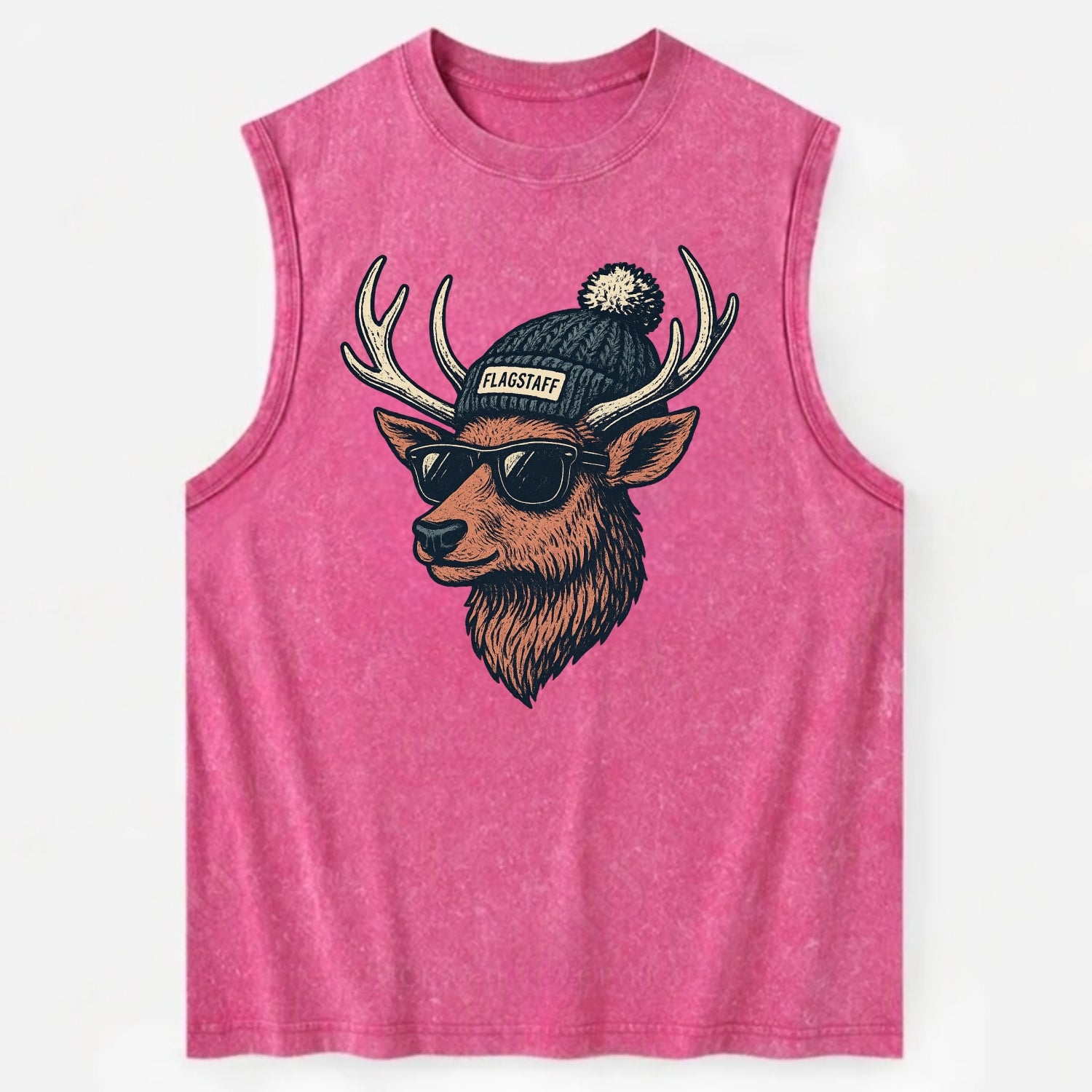Flagstaff Elk wearing Flagstaff beanie with pom pom and wayfarer sunglasses - Vintage Washed Tank - Pink